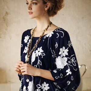 Embroidered blouse white on navy,  85% cotton, oversized peasant style